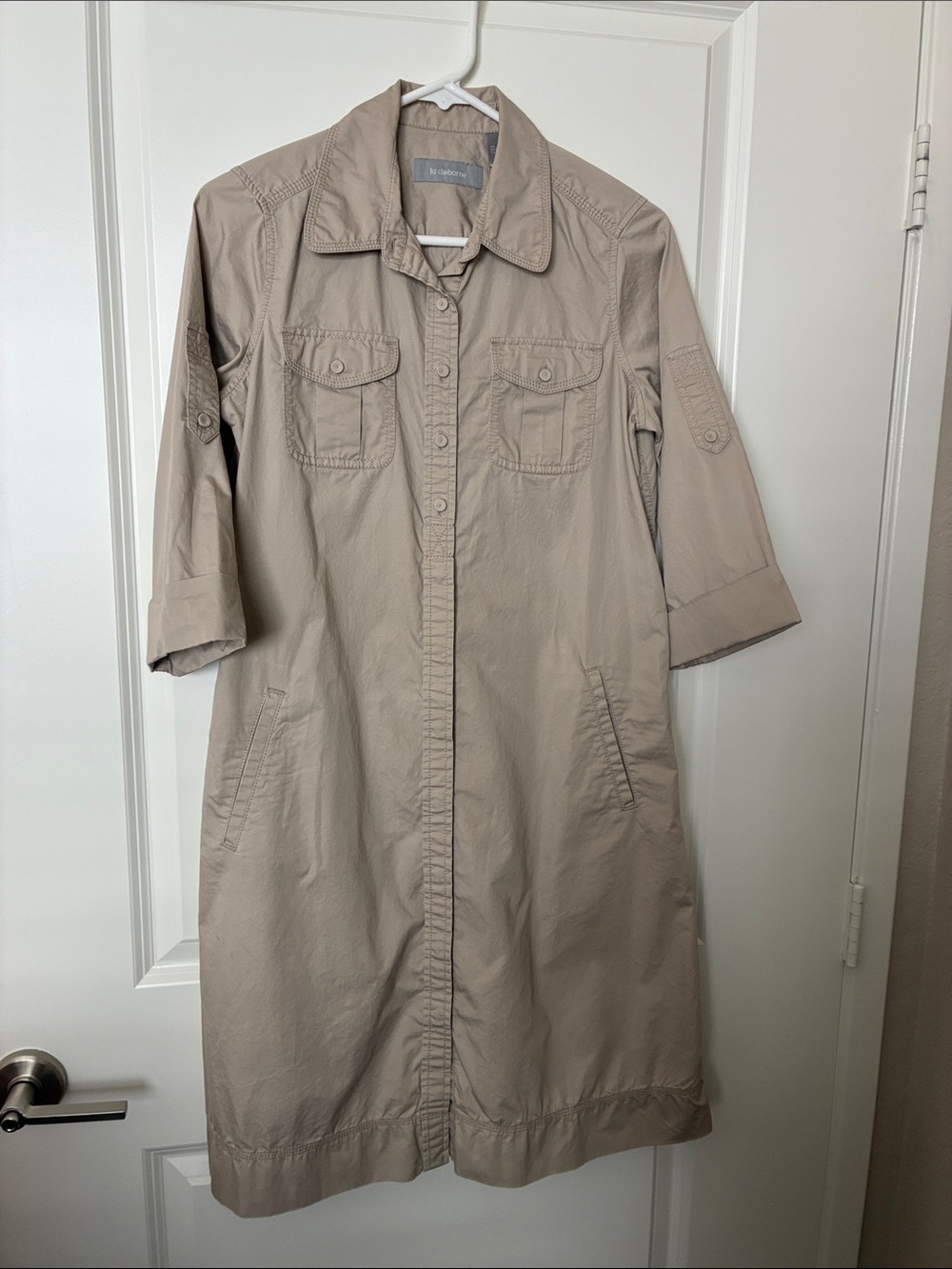 Vintage Liz Claiborne Khaki safari  Style Button Front Shirt Dress 100% Cotton